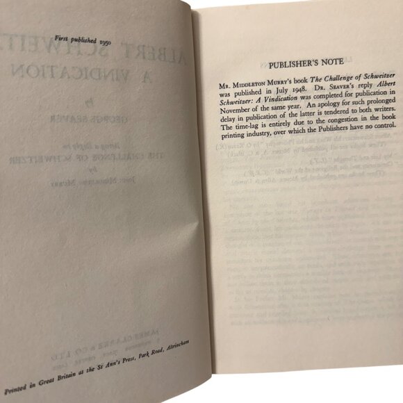 Albert Schweitzer A Vindication George Seaver HC 1950 First Edition James Clark - Picture 3 of 16